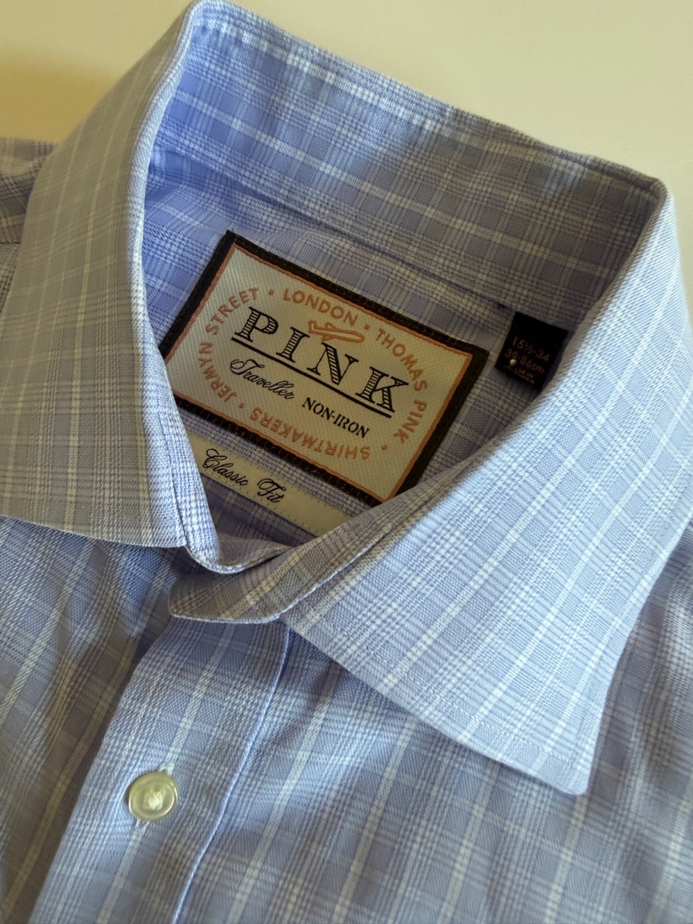 Thomas Pink Men’s Classic Fit Dress Shirt – 15½ / 34 – Light Blue Plaid